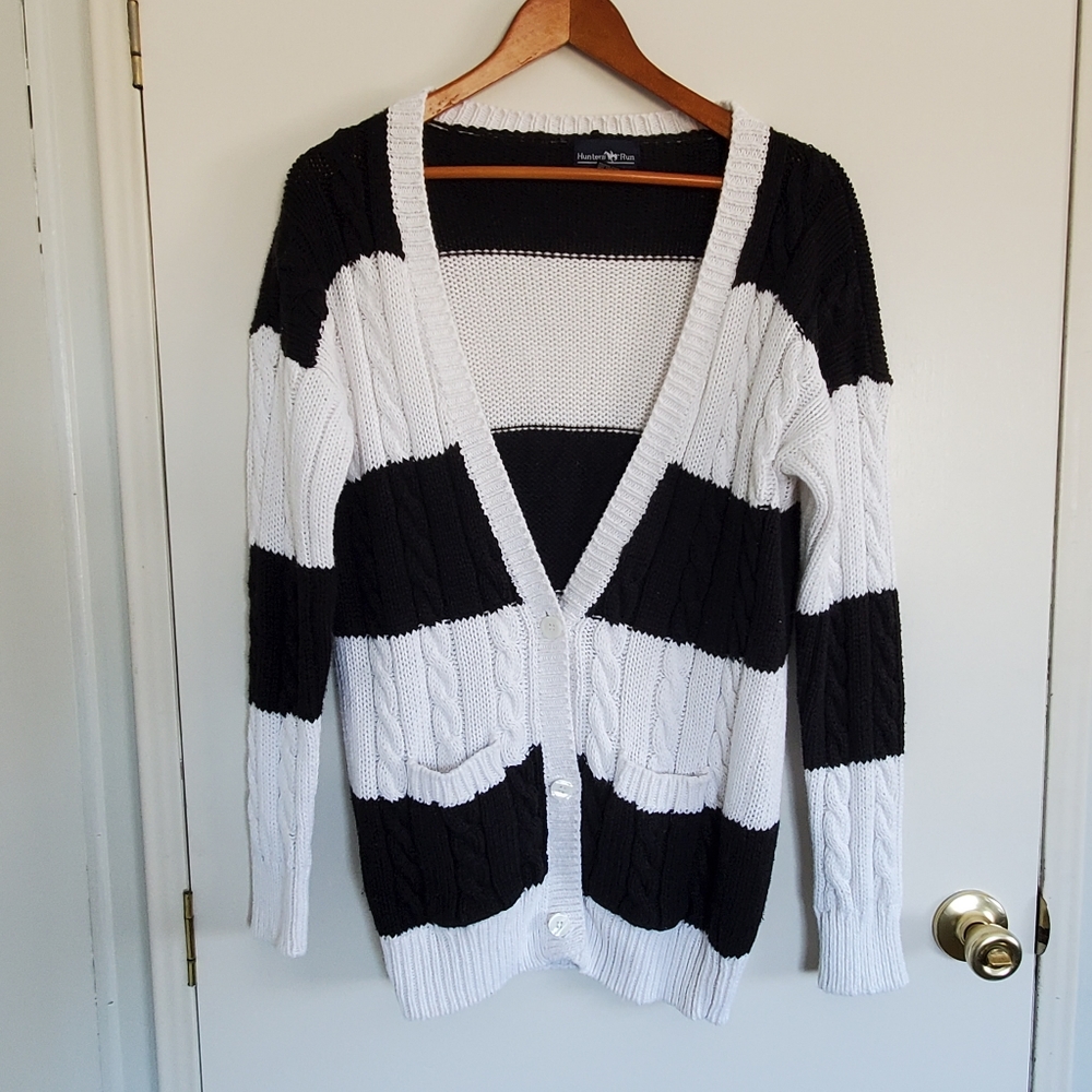 Vintage Hunters Run Cardigan Women's M Black And White Cable Knit Button Front